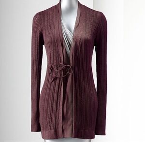 NWT Burgundy Pointelle Crochet Lace Chiffon Trim Long Cardigan Simply Vera Small